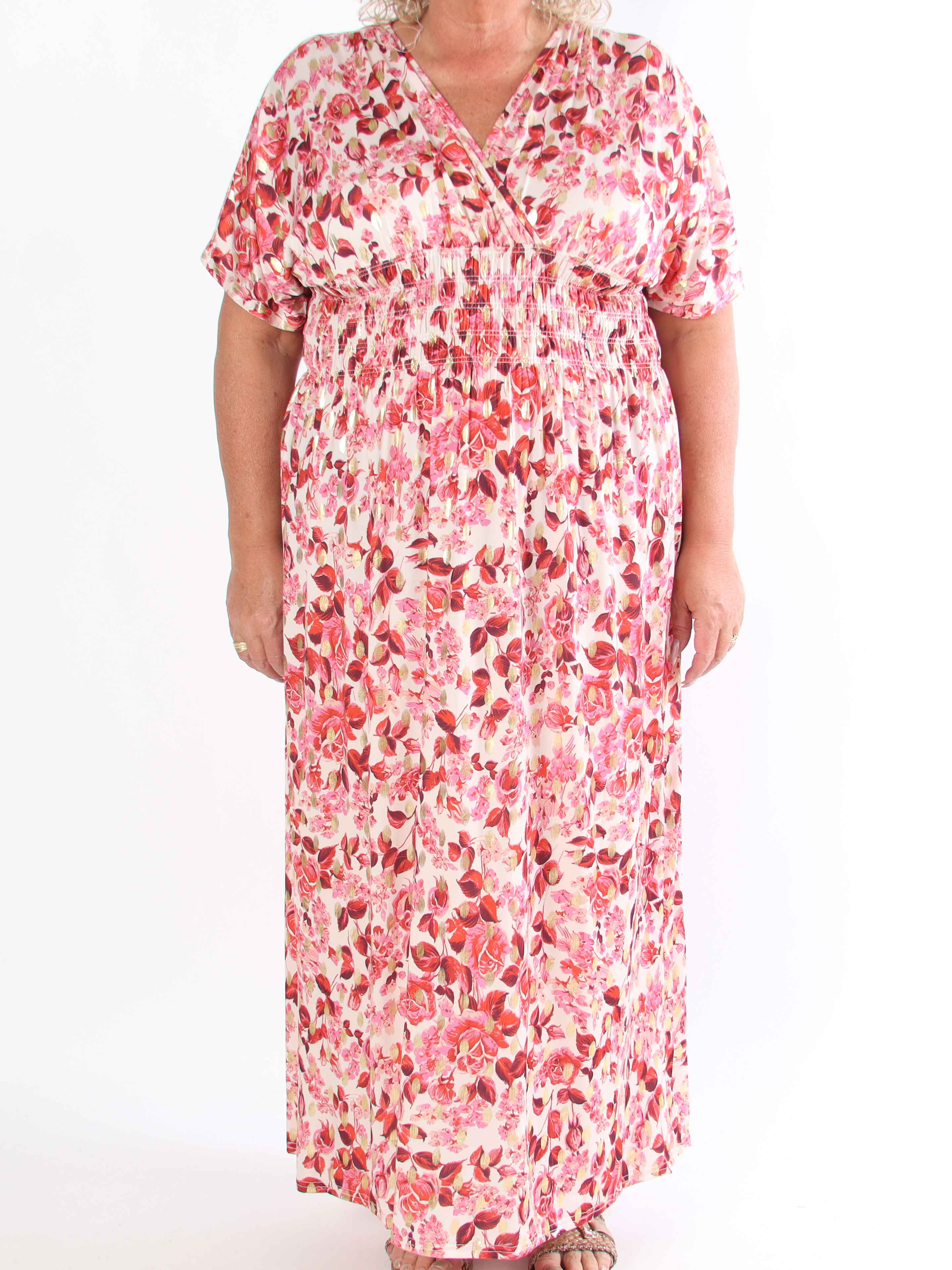 Pams Small Rose - Plus size kjole med blomsterprint og guld detaljer